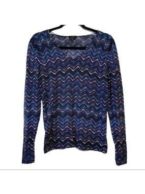 Talbots Merino Wool Sweater Blue V Neck Pullover Zig Zag Women's Size Small